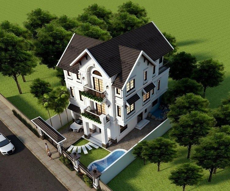 Mẫu nhà vườn đẹp mái Thái 3 tầng