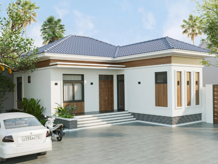 Mẫu nhà cấp 4 chữ L mái Nhật 4 phòng ngủ có độ dốc vừa phải, giúp thoát nước hiệu quả 