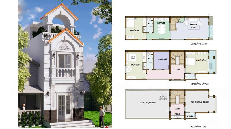  Bản vẽ thiết kế nhà ống có thêm tầng tum với bố cục khoa học