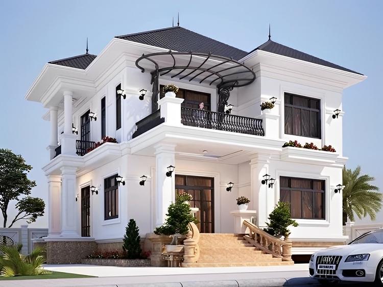 Mẫu nhà biệt thự 2 tầng mái Nhật hình vuông cân đối và hài hòa