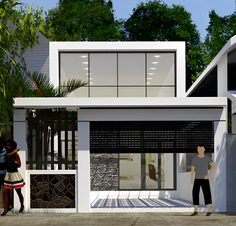 Mẫu mặt tiền nhà gác lửng 5m hiện đại có cửa kính lớn đón ánh sáng 