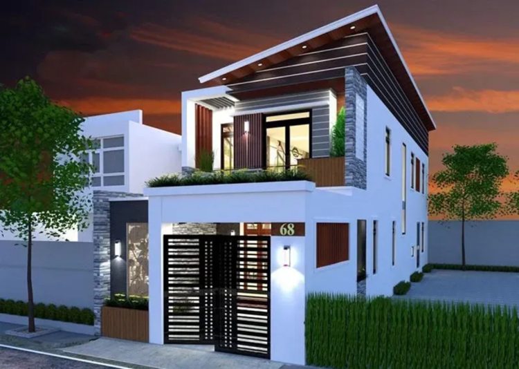 Mẫu nhà ống 2 tầng mái lệch, ấn tượng, độc đáo nhất hiện nay