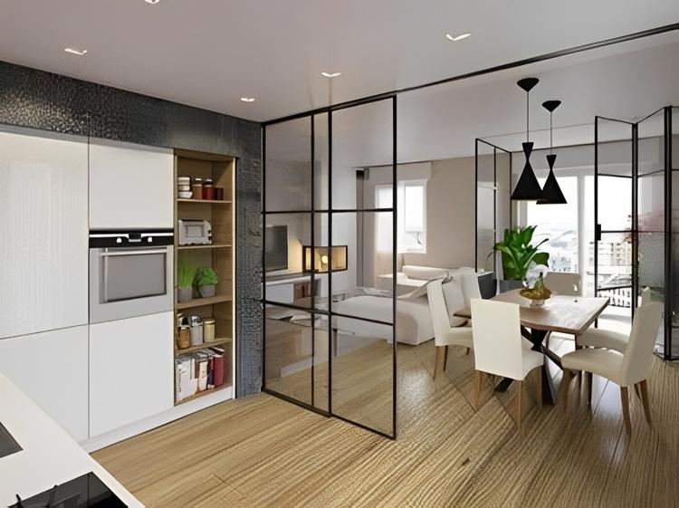 Vách ngăn phòng khách và bếp bằng kính hiện đại, sang trọng
