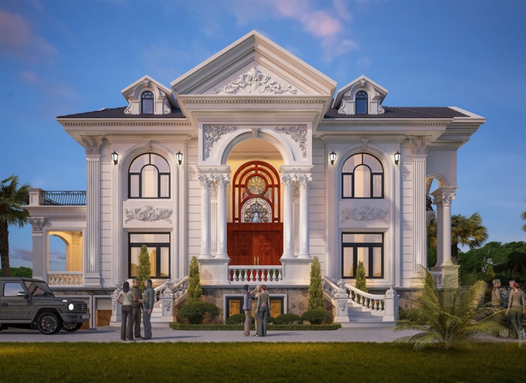 Mẫu thiết kế nhà mái Thái 2 tầng mặt tiền 10m uy nghi, bề thế