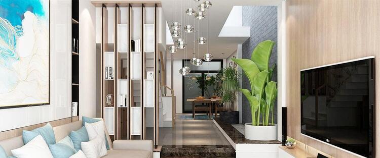 Mẫu vách ngăn phòng khách và bếp đơn giản tạo sự thông thoáng 