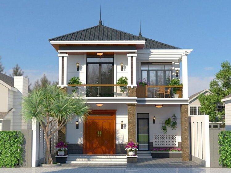 Mẫu 8x12m nhà mái Nhật 2 tầng ở nông thôn đẹp, hiện đại, sang trọng