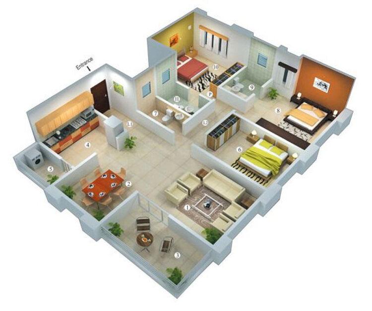 Bản vẽ nhà cấp 4 3 phòng ngủ 100m2 với nhiều phòng chức năng