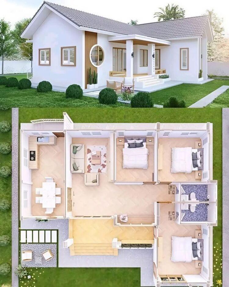 Bản vẽ nhà cấp 4 3 phòng ngủ 100m2 với thiết kế trẻ trung, hiện đại