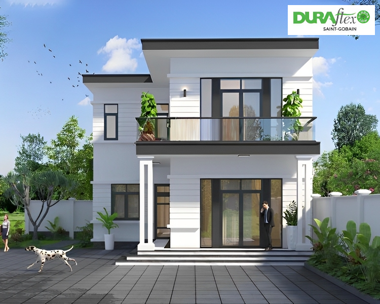 Mẫu nhà 2 tầng chữ L mái bằng đẹp, thiết kế hiện đại