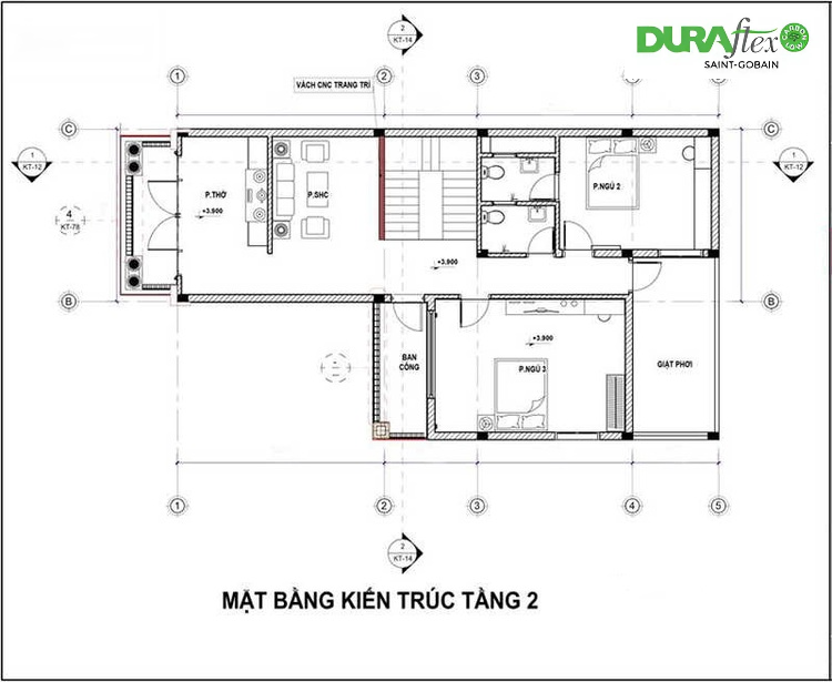 Bản vẽ tầng 2 mẫu nhà 2 tầng chữ L 100m2 với đầy đủ công năng 