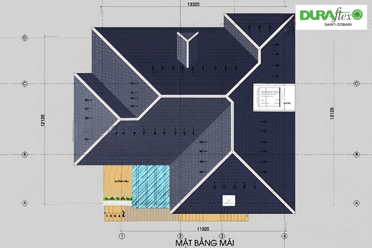 Bản vẽ tầng mái Nhật của mẫu nhà 2 tầng chữ L 100m2 
