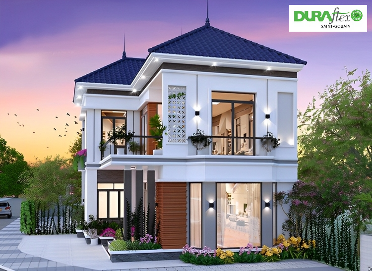 Thiết kế mẫu nhà 2 tầng chữ L 100m2 4 phòng ngủ hiện đại 