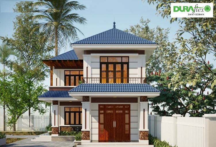 Mẫu nhà 2 tầng đẹp ở nông thôn chữ L 100m2 thiết kế hài hòa giữa công năng và thẩm mỹ 