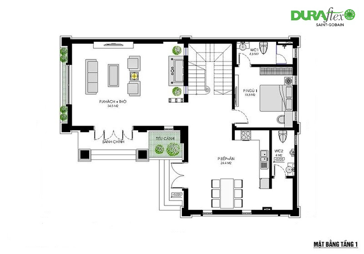 Bản vẽ tầng 1 mẫu nhà 2 tầng chữ L 100m2 chi tiết, dễ hiểu 