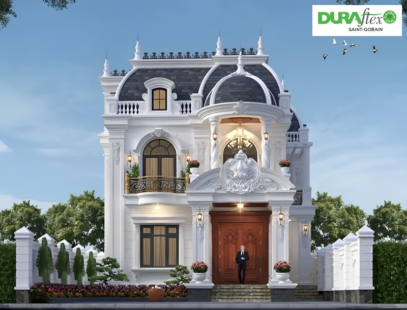 Mẫu nhà 2 tầng nông thôn 800 triệu mái mansard sang trọng, đẹp lung linh