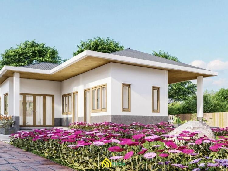 Mẫu nhà cấp 4 chữ L đơn giản, thiết kế mái tôn hiện đại, sang trọng 