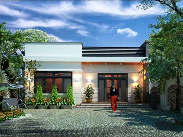 Mẫu nhà cấp 4 mái bằng hiện đại có gam màu trung tính, phù hợp với xu hướng sống xanh