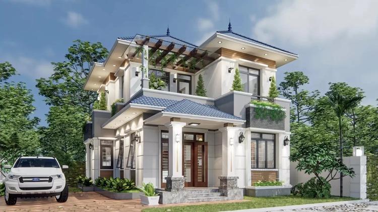 Mẫu nhà mái Nhật 2 tầng 5 phòng ngủ hiện đại, tiện nghi, tối ưu diện tích