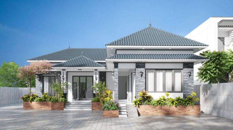 Mẫu nhà chữ L cấp 4 mái Nhật 4 phòng ngủ được thiết kế với đường nét hài hòa