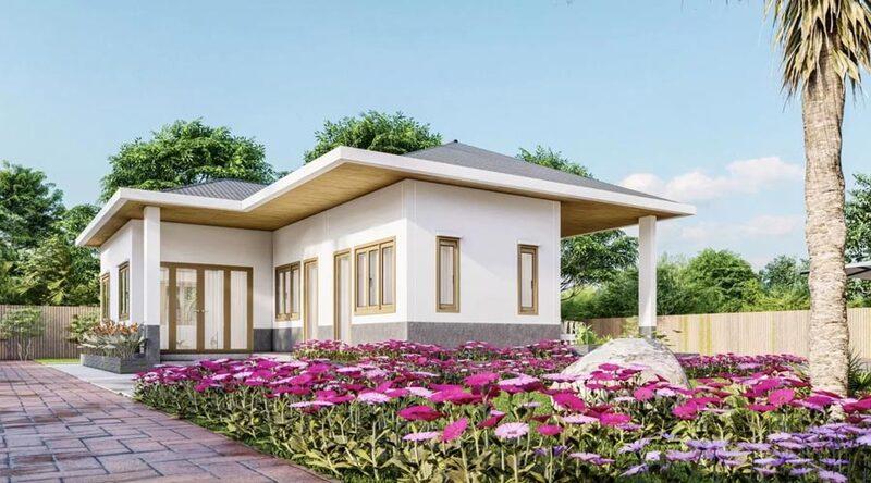 Mẫu nhà chữ L cấp 4 đơn giản, thoáng mát, hài hoà với thiên nhiên