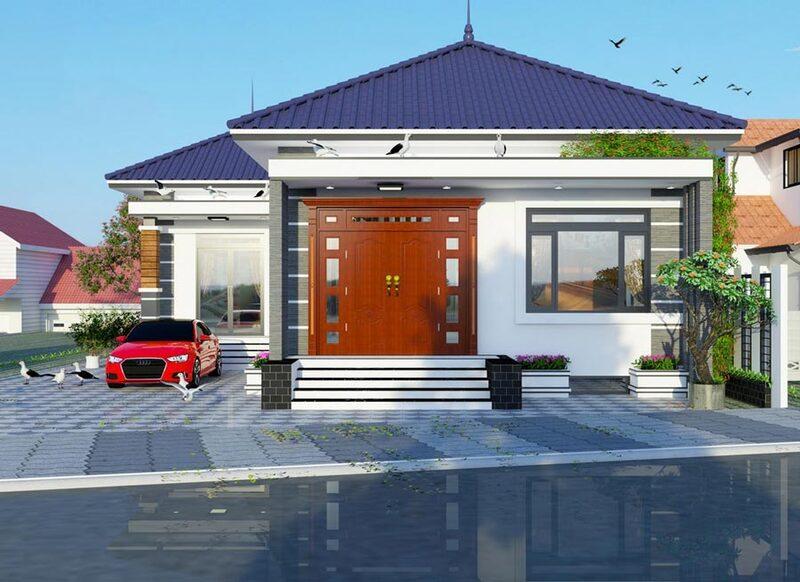 Kiểu nhà chữ L ngược đẹp, được tận dụng phần góc khuyết để làm gara