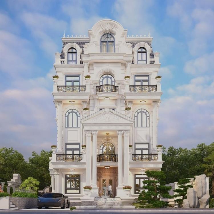 Thiết kế biệt thự 4 tầng uy nghi, lộng lẫy với tone màu trắng tinh khôi