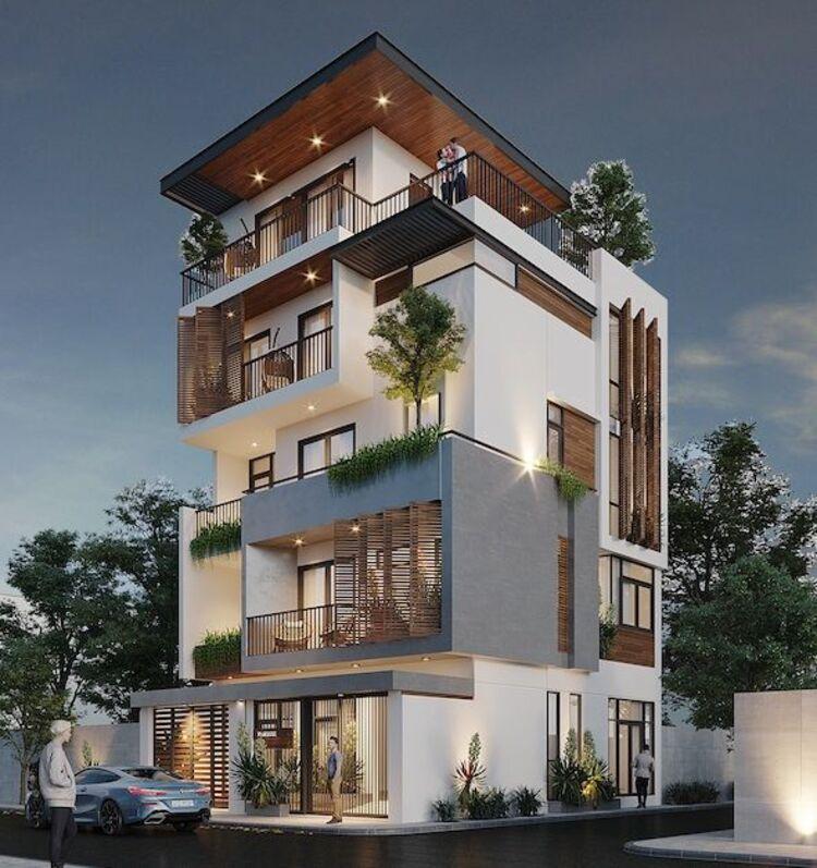 Thiết kế biệt thự 5 tầng với phần hầm được sử dụng làm bãi đậu xe