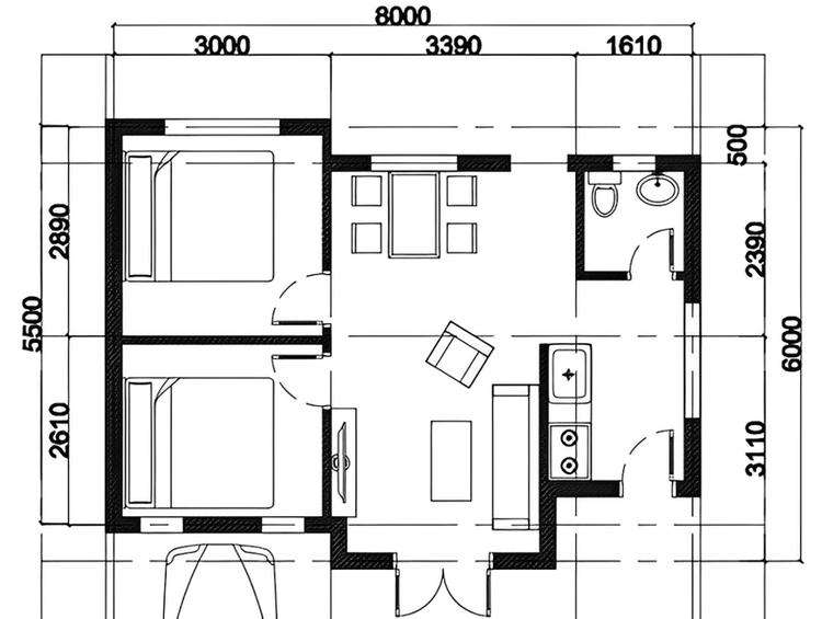 Bản vẽ thiết kế nhà cấp 4 khoảng 150 triệu có 2 phòng ngủ, 1 phòng khách