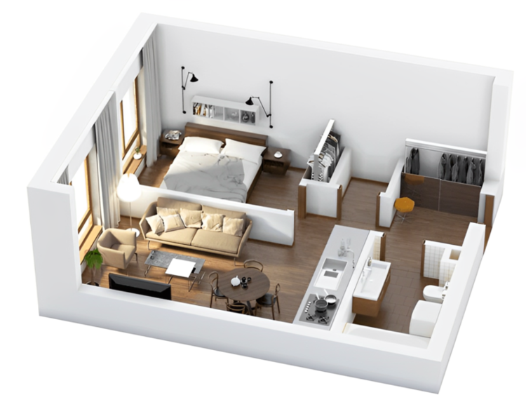 Mẫu bản vẽ xây nhà cấp 4 khoảng 150 triệu 3D có 1 phòng ngủ chi tiết