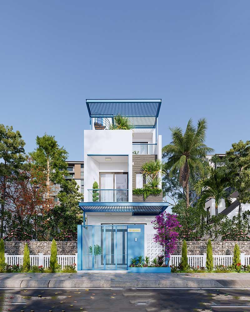 Mẫu nhà 1 trệt 1 lầu 5x20 phong cách Địa Trung Hải kết hợp gác lửng đẹp mắt