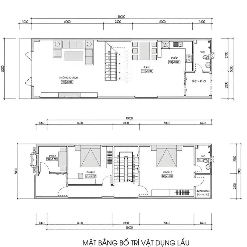 Bản vẽ mẫu nhà 1 trệt 1 lầu 5x20 đep, đầy đủ tiện nghi