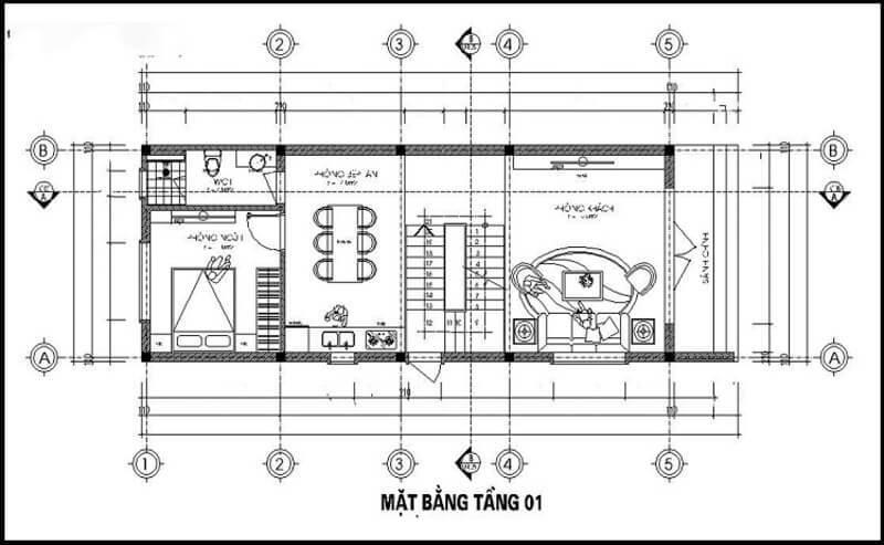 Tham khảo bản vẽ thiết kế nhà 1 trệt 1 lầu 5x20m