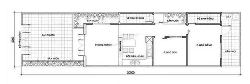 Bản vẽ mẫu nhà ống 1 tầng đẹp 5x20m mái Thái với khoảng sân thoáng đãng