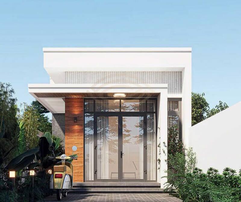 Mẫu nhà ống 1 tầng đẹp 5x20 mái bằng có cửa kính lớn giúp tận dụng ánh sáng tự nhiên