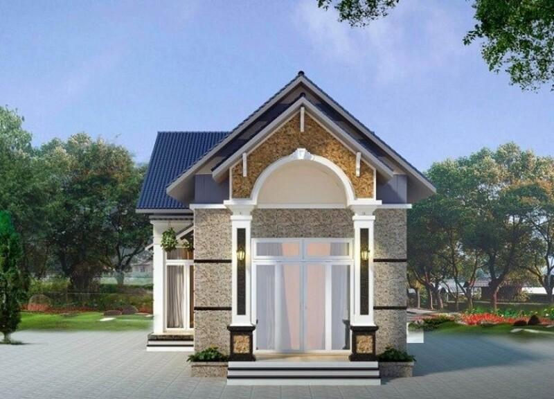 Mẫu nhà ống 1 tầng đẹp 5x20 mái Thái sử dụng đá làm điểm nhấn cho mặt tiền ngôi nhà