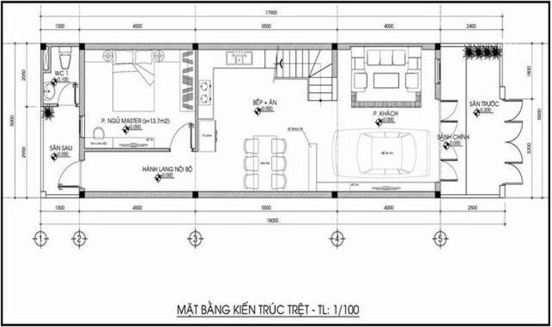 Mẫu bản vẽ nhà cấp 4 đẹp 5x20m mái bằng có sân trước và sân sau thoáng mát