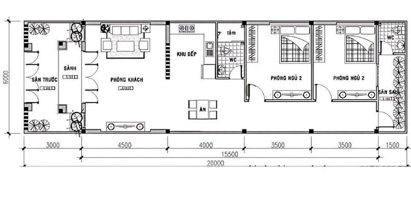 Mẫu bản vẽ thiết kế nhà ống 1 tầng đẹp 5x20m mái bằng với đầy đủ các phòng chức năng