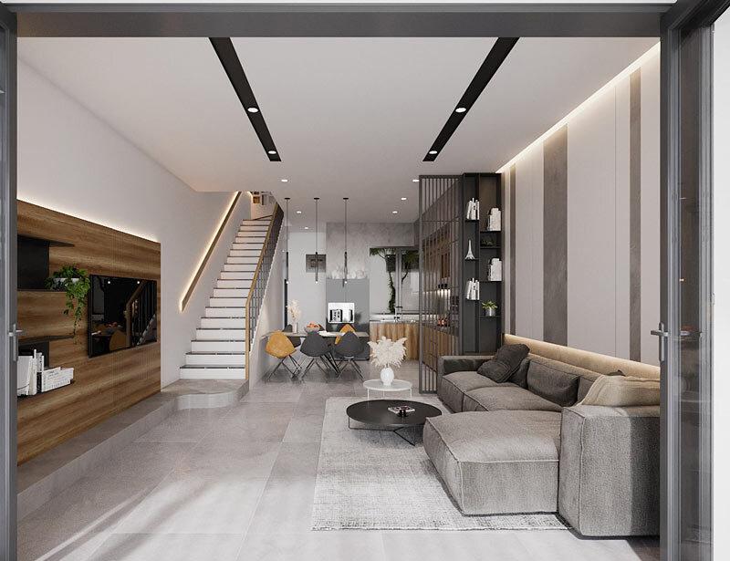 Mẫu nhà ống 1 tầng nông thôn có cầu thang tối giản, hiện đại