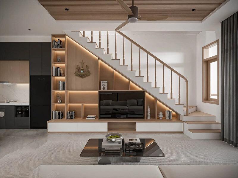 Mẫu nhà ống 1 tầng có cầu thang ở nông thôn giúp tăng thêm điểm nhấn thẩm mỹ cho ngôi nhà