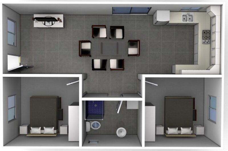 Bản vẽ thiết kế nhà ống 1 tầng 2 phòng ngủ đẹp mắt, tối ưu không gian