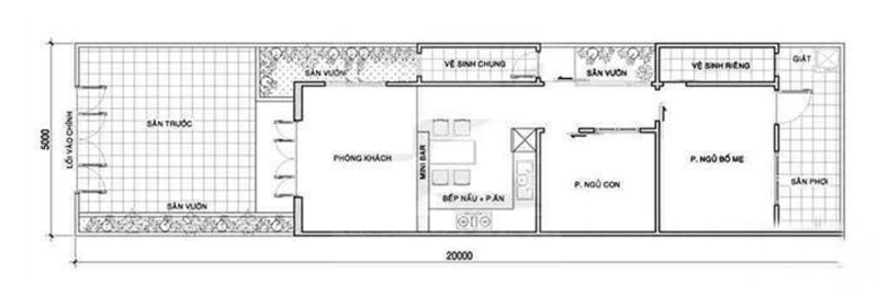 Bản vẽ thiết kế nhà ống 1 tầng nông thôn 5x20m bố trí khoa học