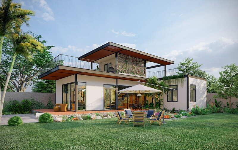 Thiết kế mẫu nhà lắp ghép 100 triệu 2 tầng 5x20 tối giản, tiết kiệm chi phí, hài hòa với thiên nhiên