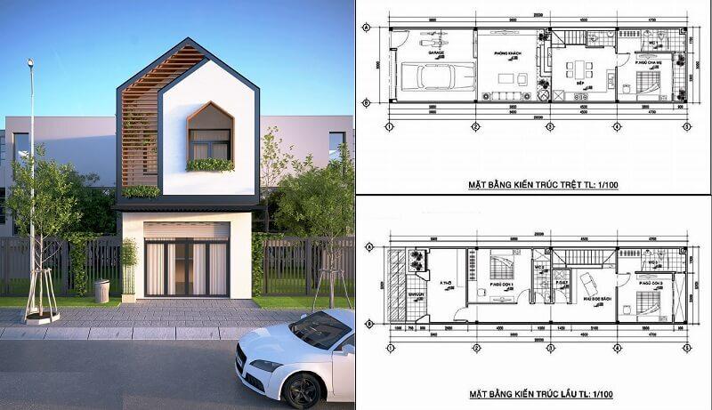 Mẫu nhà 1 trệt 1 lầu có 3 phòng ngủ kèm bản vẽ chi tiết, tiện nghi