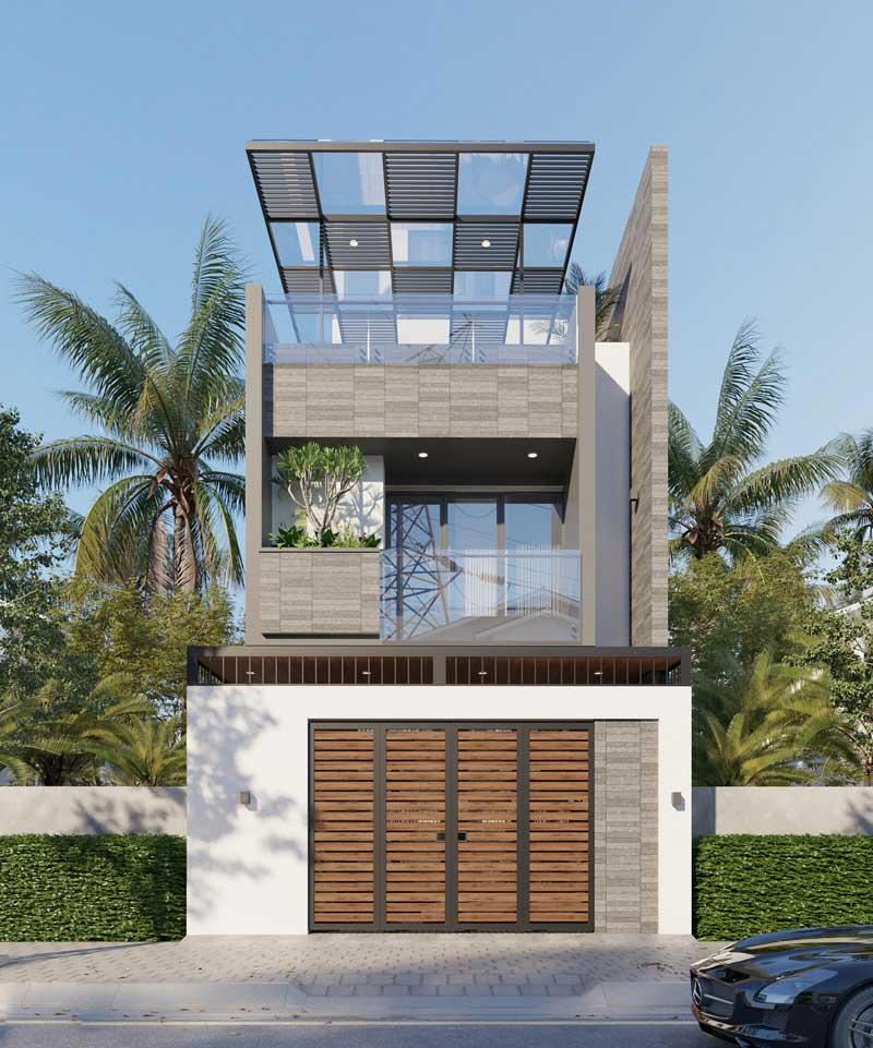 Mẫu nhà 1 trệt 1 lầu 5x20 có tum kết hợp sân thượng đẹp, tạo không gian thoáng mát và tiện nghi