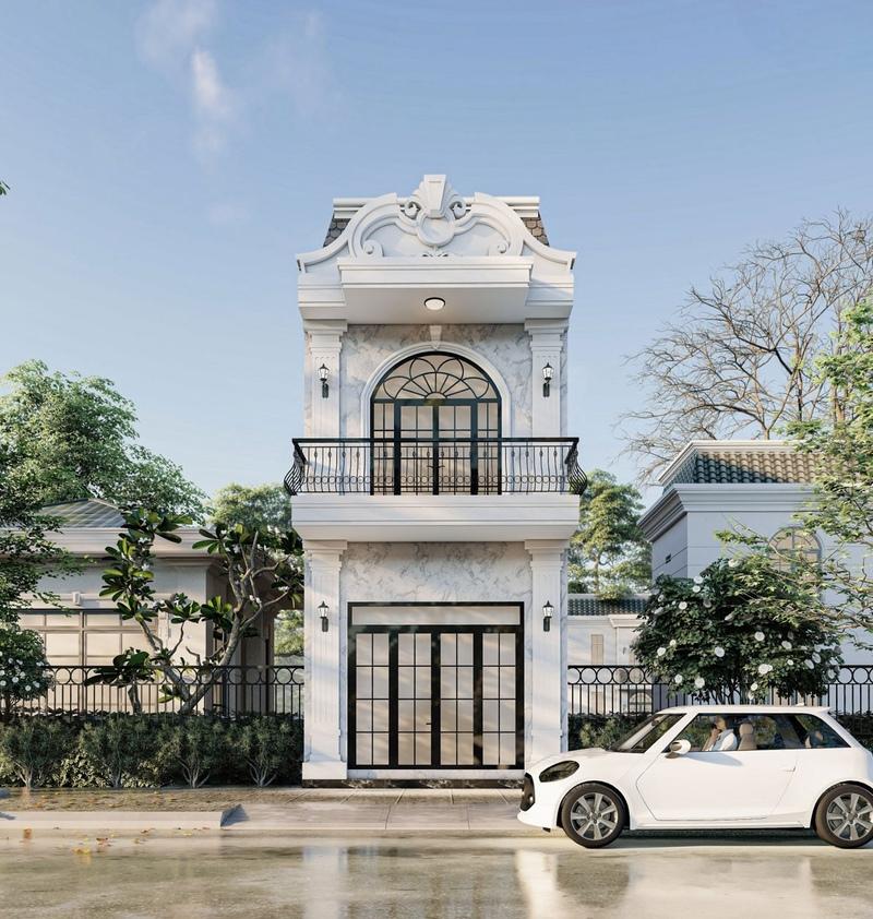 Mẫu nhà 1 trệt 1 lầu phong cách tân cổ điển đẳng cấp, bề thế với các chi tiết phào chỉ tinh xảo