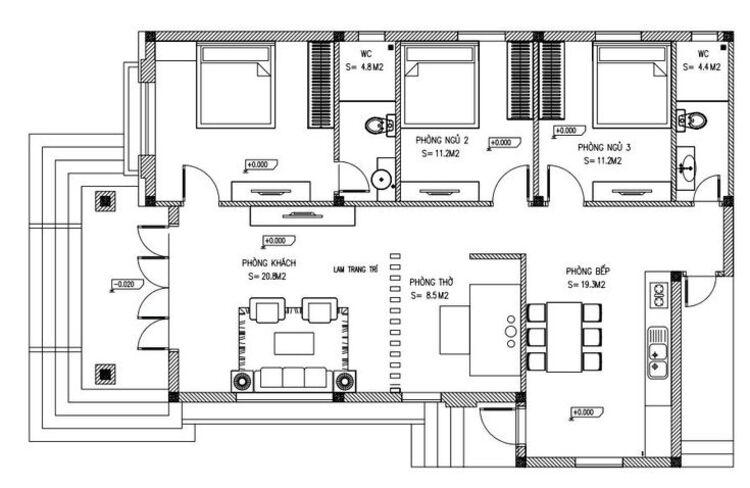 Bản vẽ nhà cấp 4 2 đến 3 phòng ngủ 400 triệu cho gia đình 4 - 6 thành viên