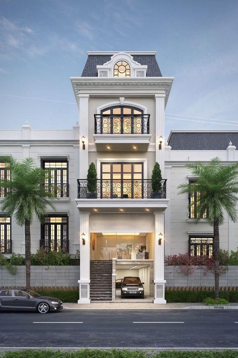 Mẫu nhà ống 3 tầng tân cổ điển có gara ô tô giúp tối ưu công năng sử dụng