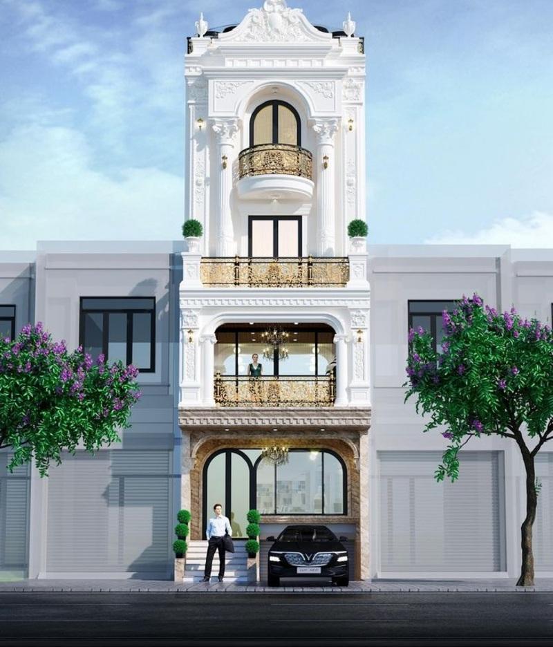 Mẫu nhà ống 3 tầng tân cổ điển có gara ô tô đáp ứng cả nhu cầu ở lẫn chỗ đậu xe an toàn