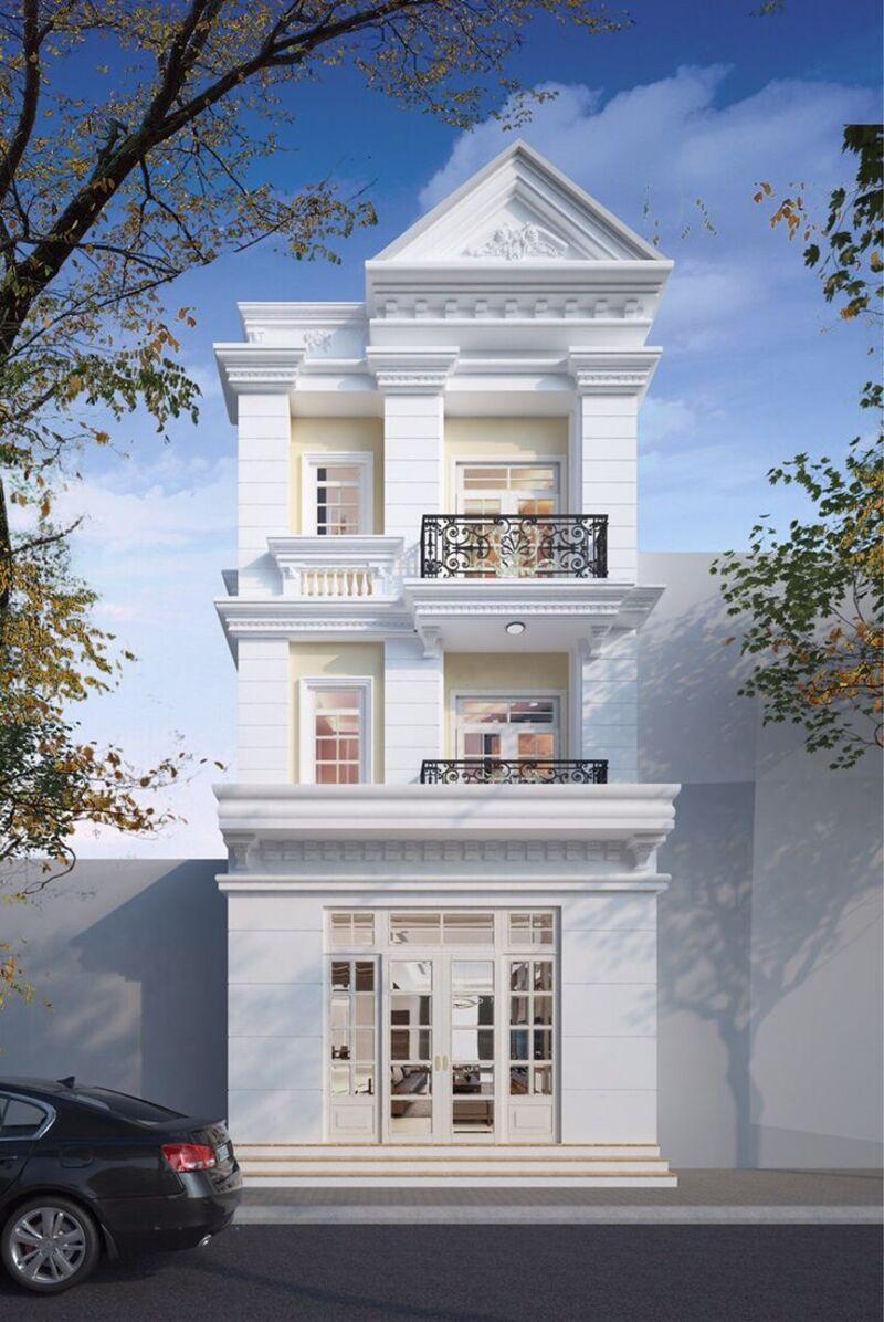 Mẫu nhà 3 tầng tân cổ điển hiện đại, trang nhã với màu trắng làm gam chủ đạo