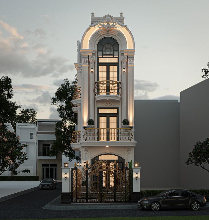 Mẫu nhà tân cổ điển 3 tầng 2 mặt tiền kết hợp tinh tế giữa các họa tiết và khung cửa sắt